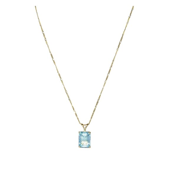Vintage 10K Yellow Gold Emerald Cut Blue Topaz Pendant On 14K 20" Chain Necklace - Picture 2 of 8